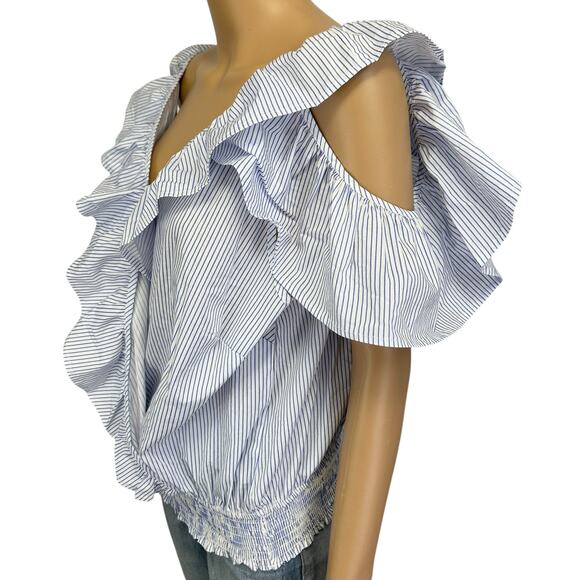 2/$15 NWT Ashley Stewart Ruffle Cold Shoulder Top Blue Striped Size 14 - Picture 4 of 10